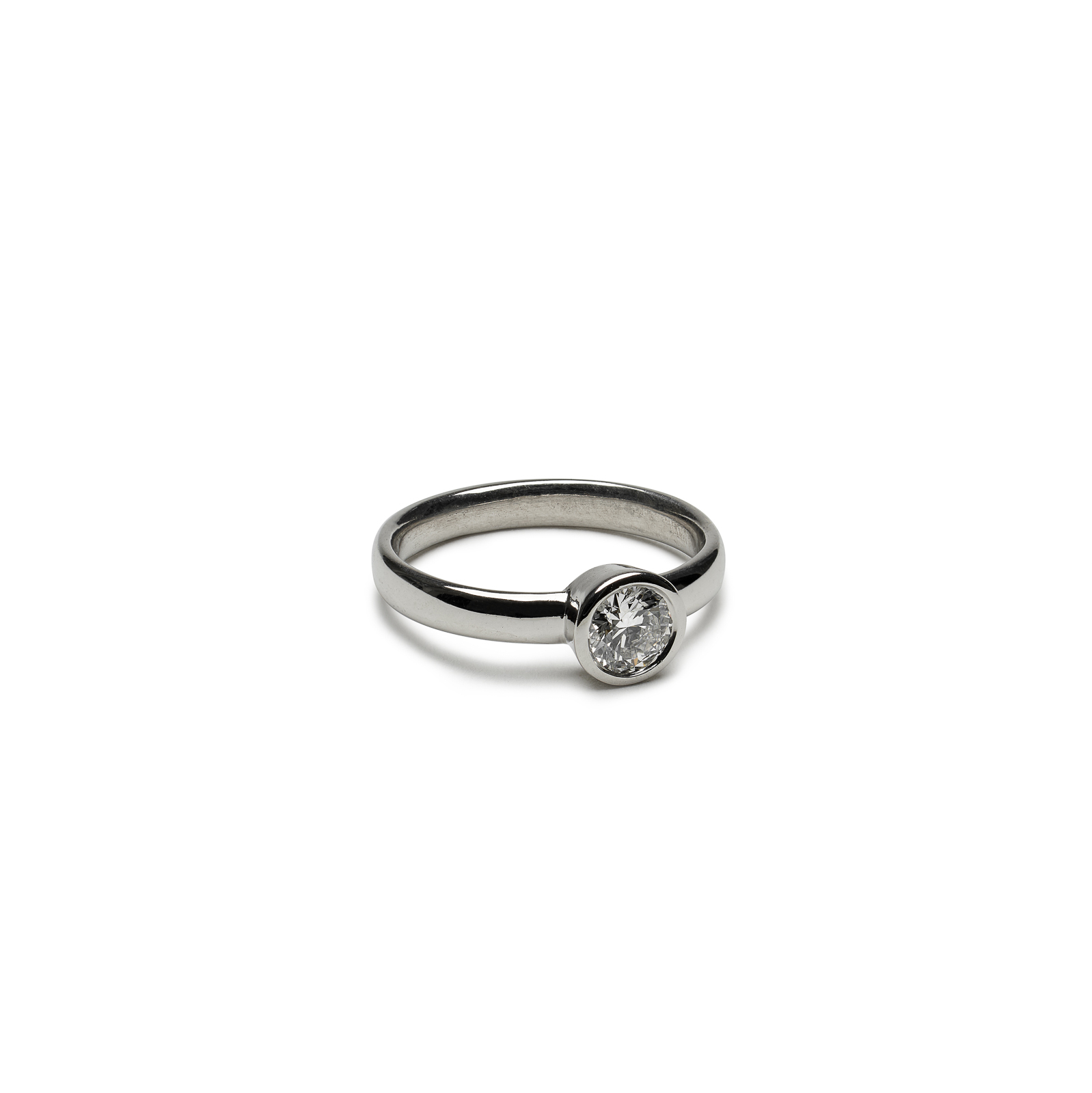 Simple sterling silver ring with bezel set diamond