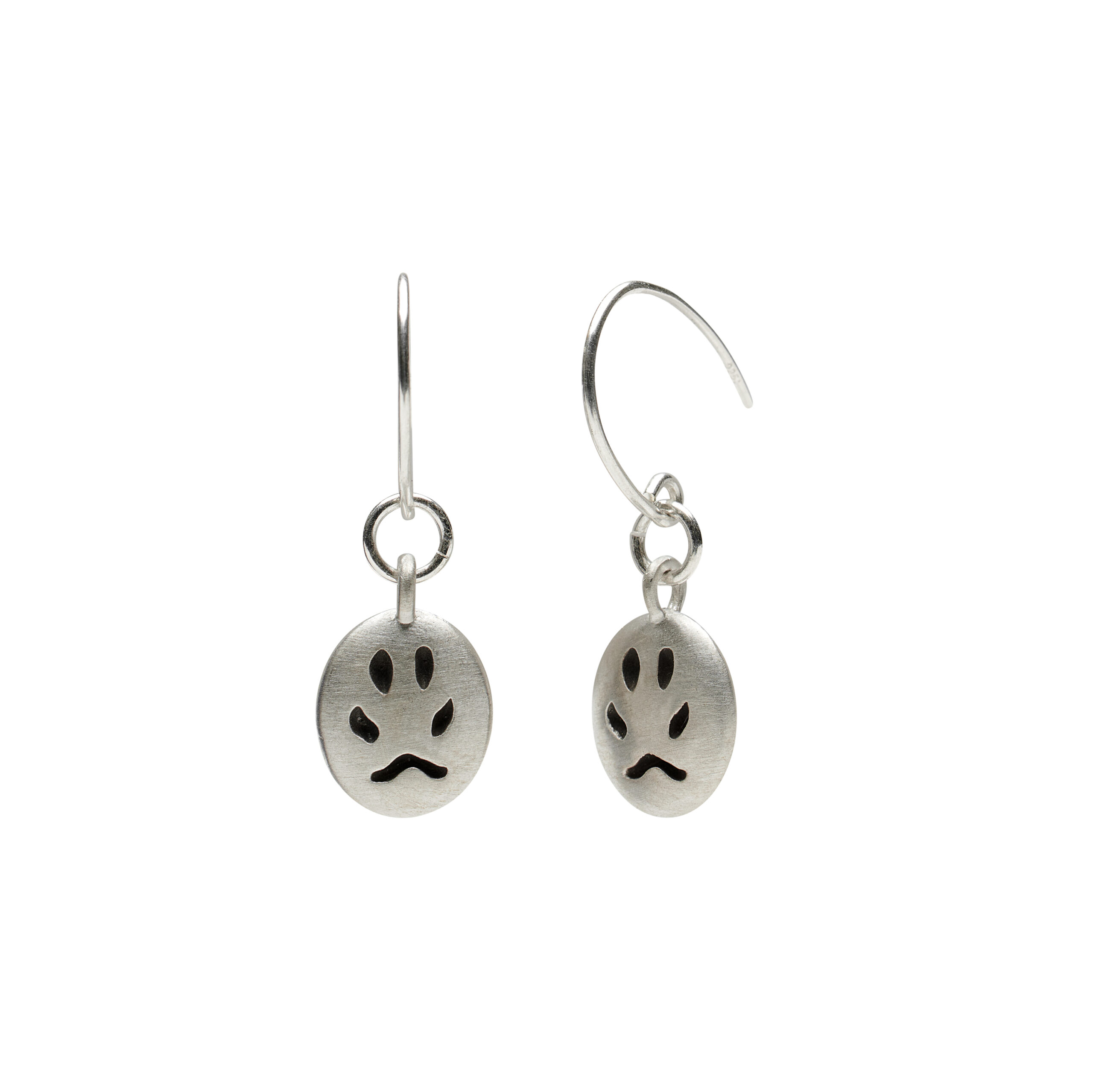 silver earrings depicting fox paw prints